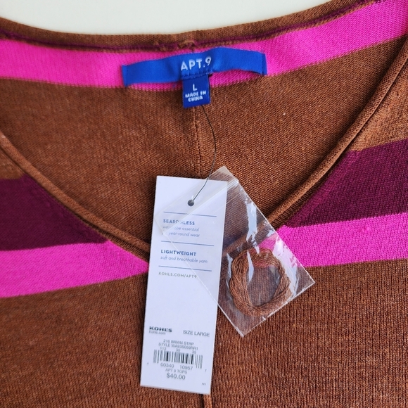 NWT APT 9 Women’s Knit V-Neck Pullover Brown Pink Striped Sweater Lighweight L - Picture 5 of 11